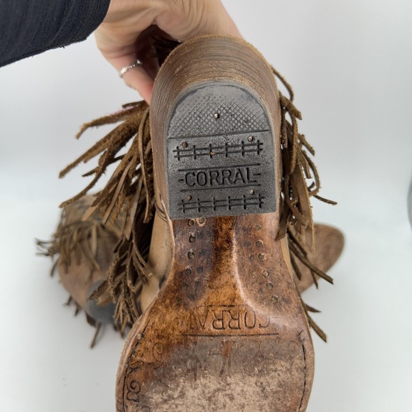 Corral Boots Womens Size 10 Tan Fringe Studded Western Cowgirl Zip Boho Ankle - Picture 8 of 16